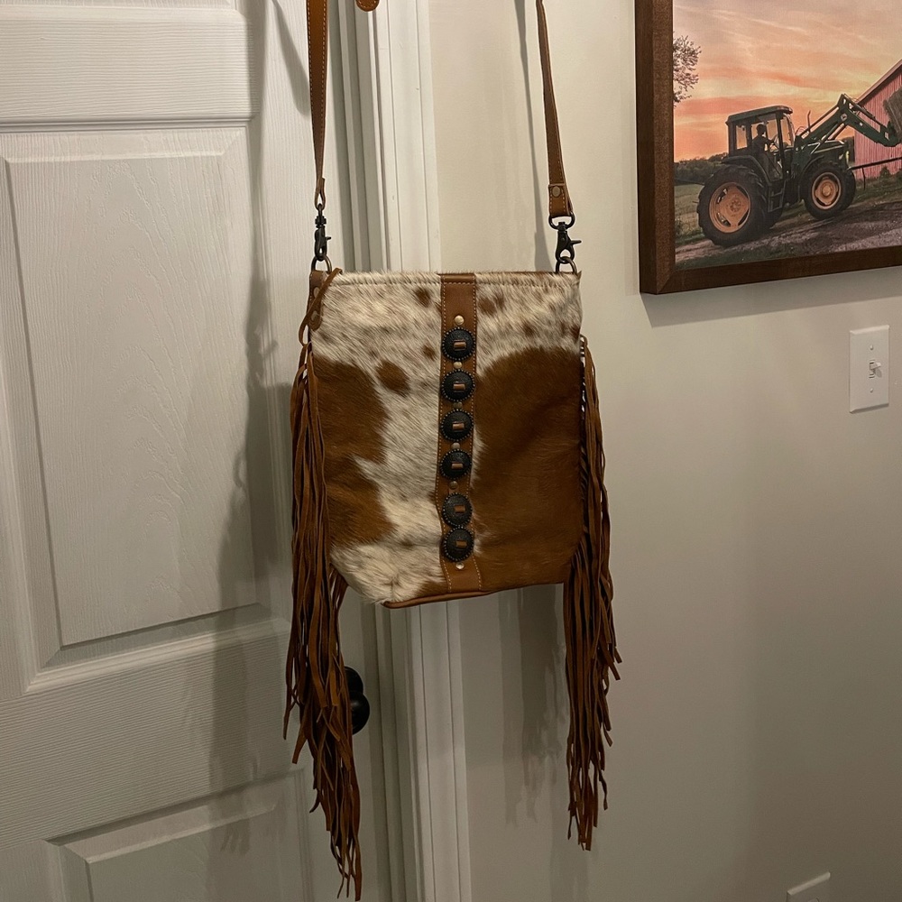 Cowhide and fringe crossbody bag